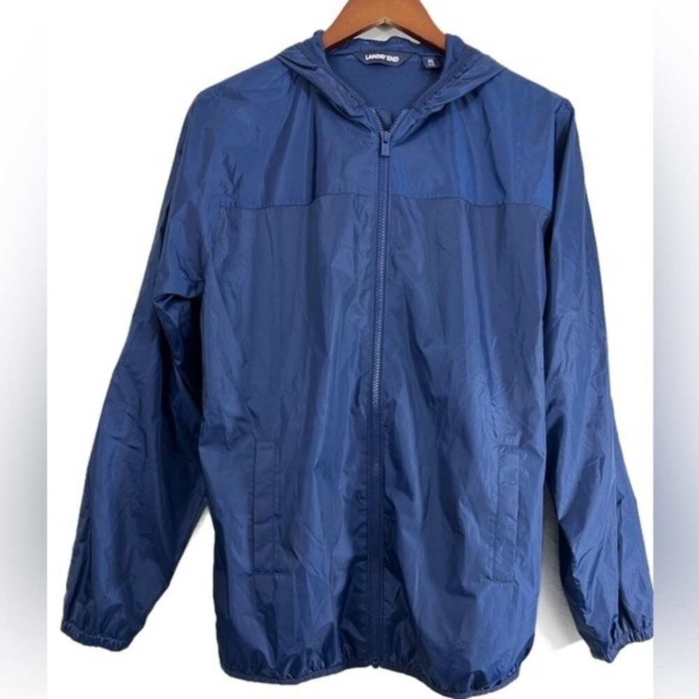 Land's End Boys Navy Blue Full-Zip Hooded Lightweight Jacket Size XL 18/20